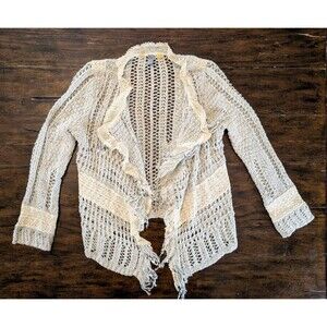 Anthropologie Knitted & Knotted Crochet Cardigan Small Grey Cream Lace Boho